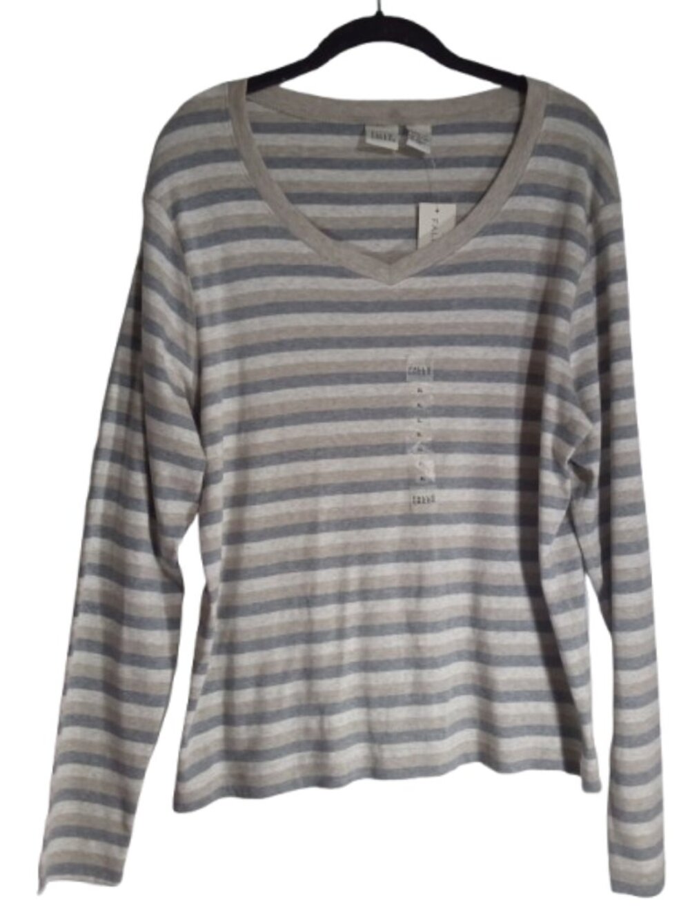 Falls Creek Womens Top Sz XL Long Sleeves V Neck Stripes Gray Beige Cotton